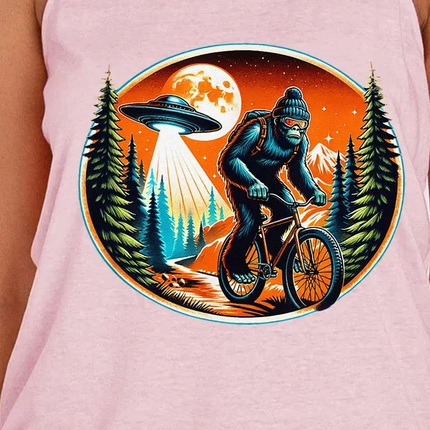 Bigfoot Alien Ufo Bicycle Ride Sasquatch On Bicycle Women's Knotted Racerback Tank