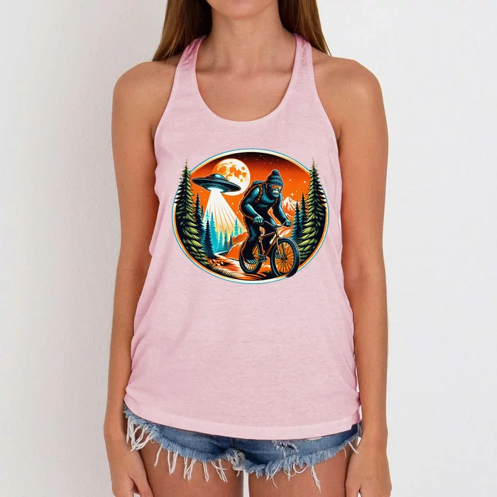 Bigfoot Alien Ufo Bicycle Ride Sasquatch On Bicycle Women's Knotted Racerback Tank