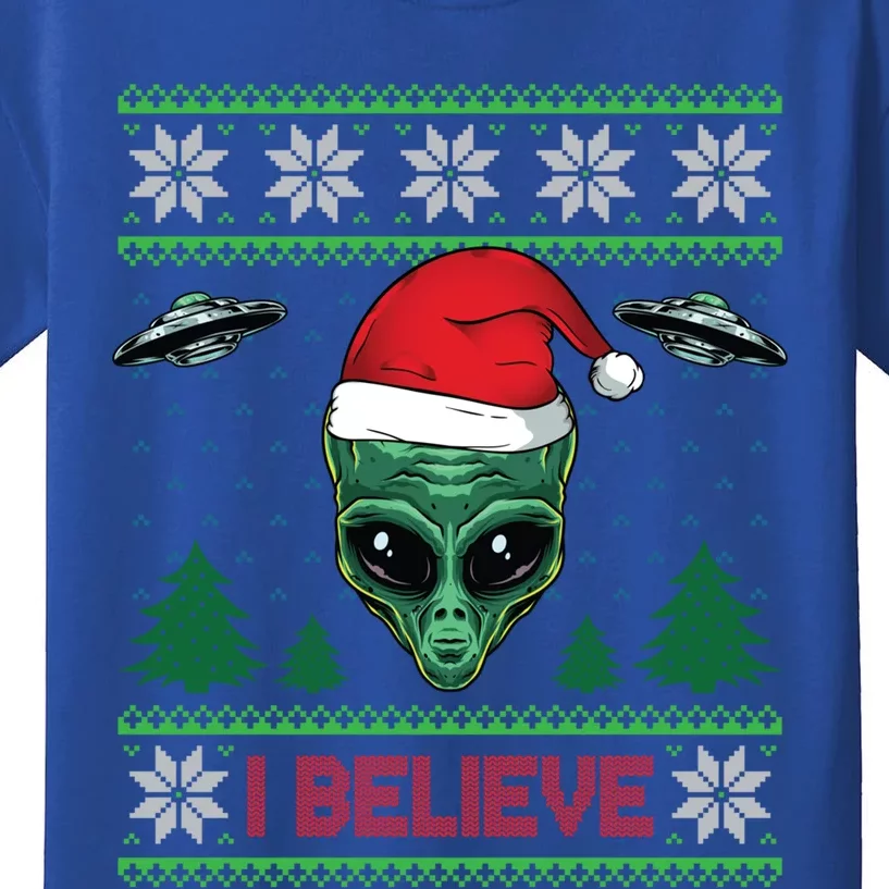 Believe Alien Ufo Funny Christmas Alien Head Graphic Ugly Gift Kids T-Shirt