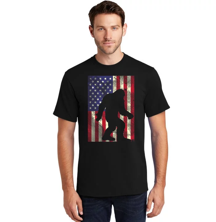 Bigfoot American US Flag Memorial Day Patriotic Tall T-Shirt