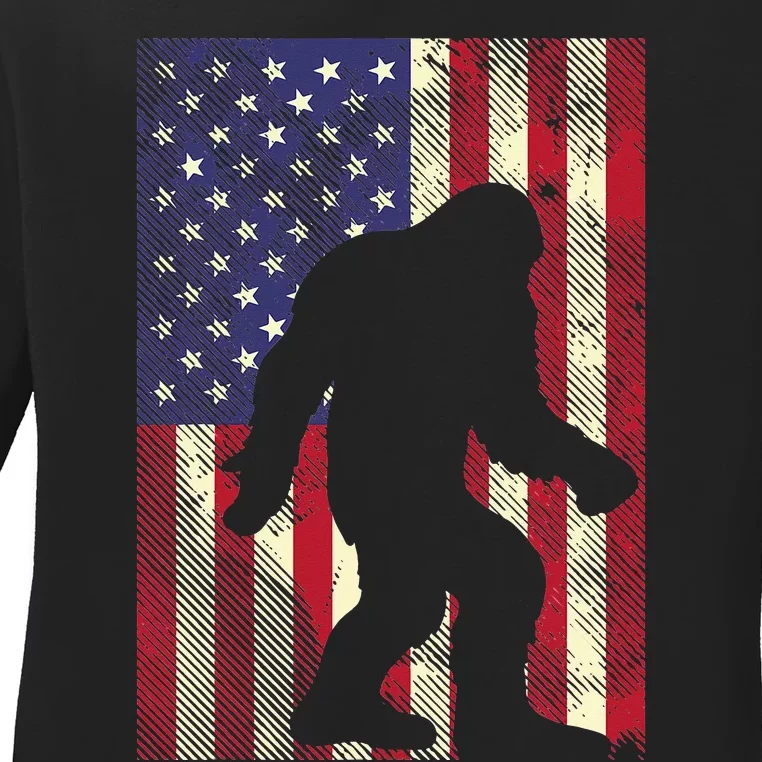 Bigfoot American US Flag Memorial Day Patriotic Ladies Long Sleeve Shirt