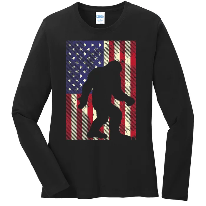 Bigfoot American US Flag Memorial Day Patriotic Ladies Long Sleeve Shirt