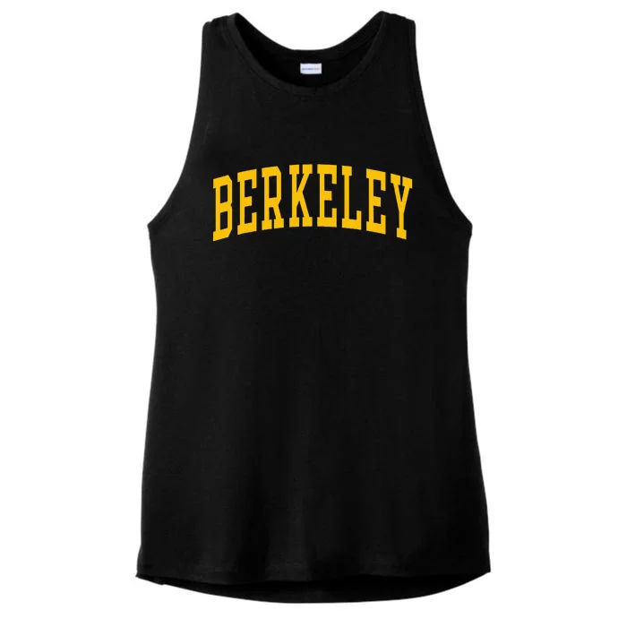 Berkeley Arched Varsity Text Yellow Ladies Tri-Blend Wicking Tank