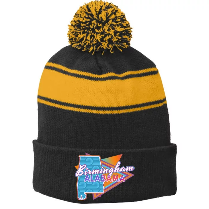 Birmingham Alabama Vintage Retro Throwback Stripe Pom Pom Beanie