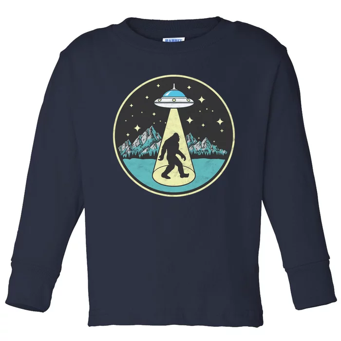 Bigfoot Abduction! Vintage Sasquatch & UFO Alien Graphic Toddler Long Sleeve Shirt