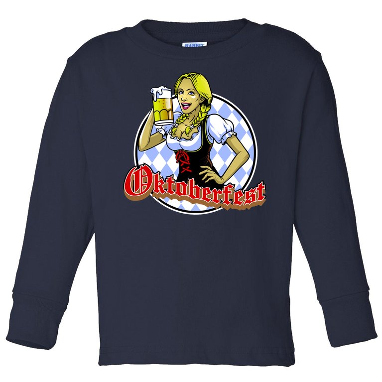 Bavarian Girl With A Glass of Beer Celebrating Oktoberfest Toddler Long Sleeve Shirt