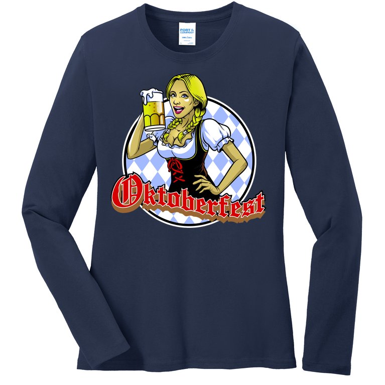Bavarian Girl With A Glass of Beer Celebrating Oktoberfest Ladies Missy Fit Long Sleeve Shirt