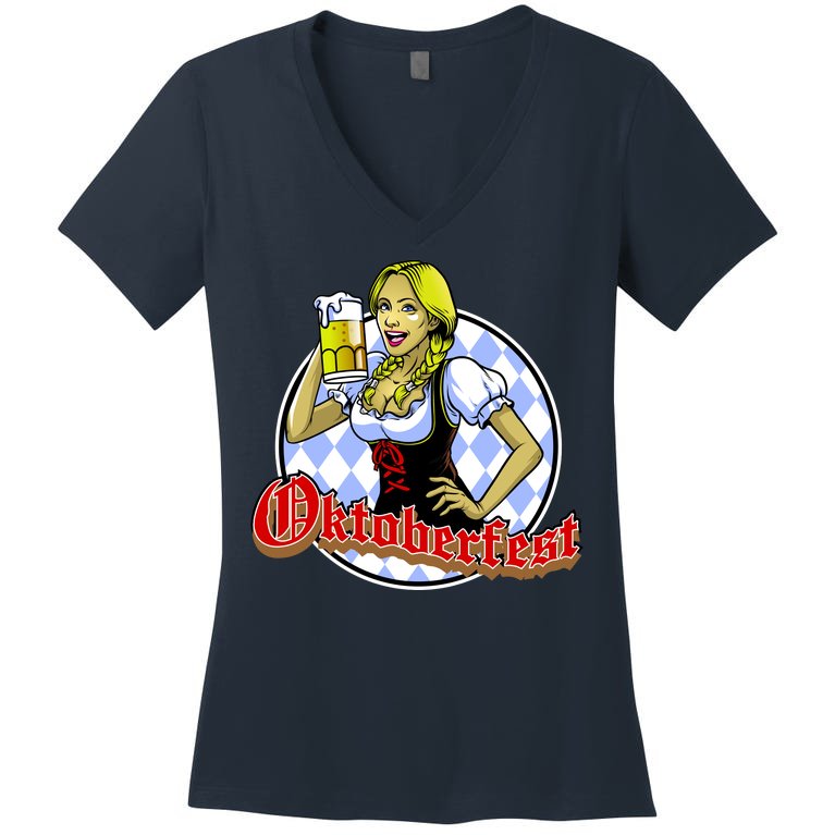 Bavarian Girl With A Glass of Beer Celebrating Oktoberfest Women's V-Neck T-Shirt