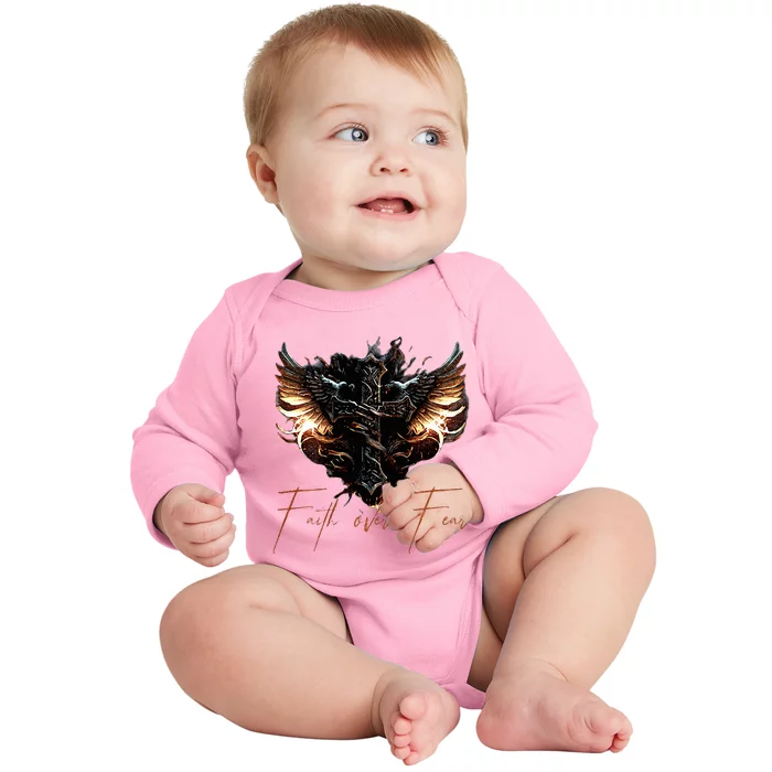 Biker Angel Wings Christian Cross Faith Over Fear On Back Baby Long Sleeve Bodysuit