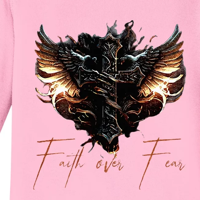 Biker Angel Wings Christian Cross Faith Over Fear On Back Baby Long Sleeve Bodysuit