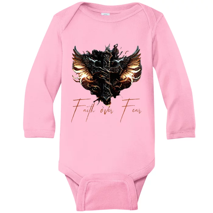 Biker Angel Wings Christian Cross Faith Over Fear On Back Baby Long Sleeve Bodysuit