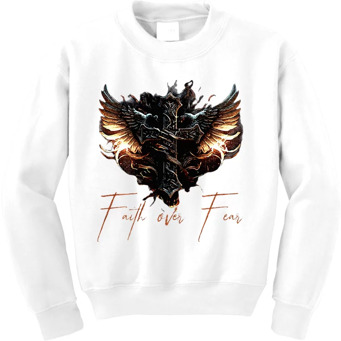 Biker Angel Wings Christian Cross Faith Over Fear On Back Kids Sweatshirt