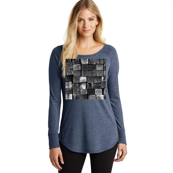 Black and white wood Bricks texture Pattern Women's Perfect Tri Tunic Long Sleeve Shirt