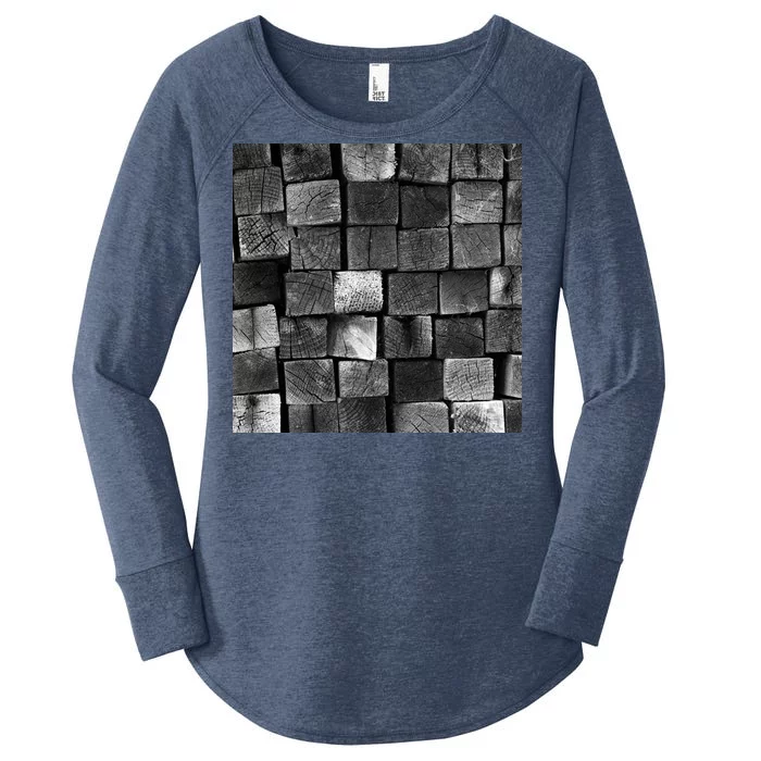 Black and white wood Bricks texture Pattern Women's Perfect Tri Tunic Long Sleeve Shirt