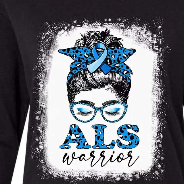 Bleached ALS Warrior Leopard Messy Hair Bun ALS Awareness Womens Cotton Relaxed Long Sleeve T-Shirt