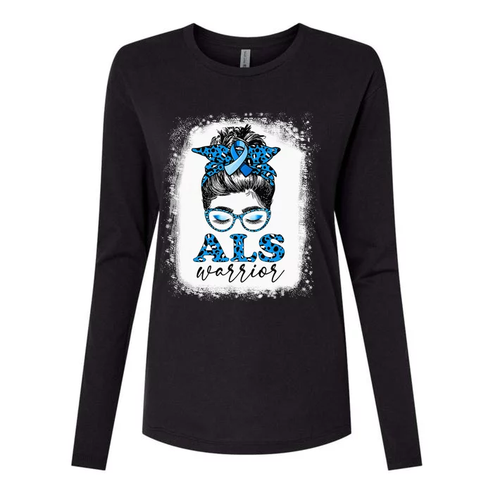 Bleached ALS Warrior Leopard Messy Hair Bun ALS Awareness Womens Cotton Relaxed Long Sleeve T-Shirt