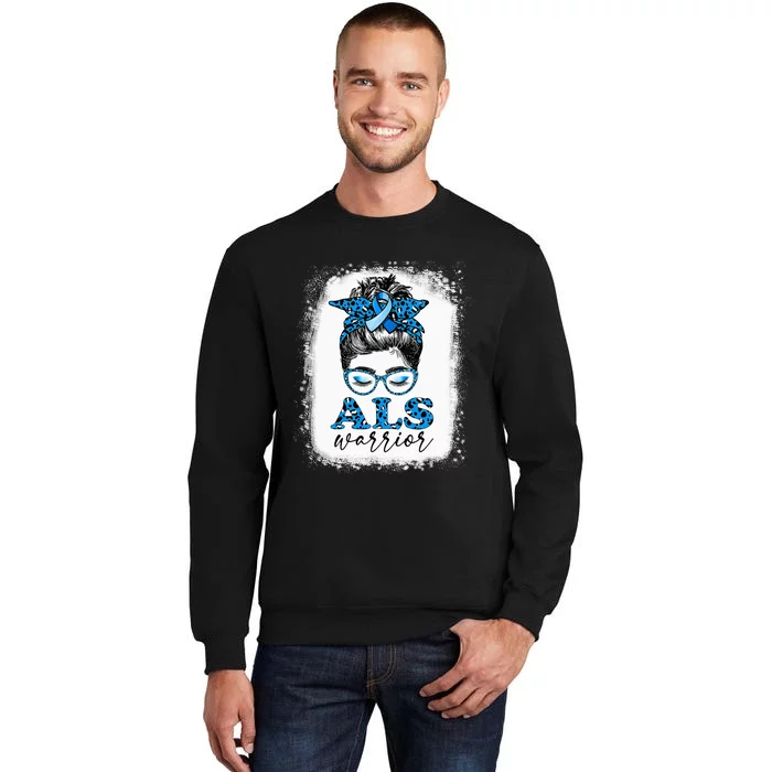 Bleached ALS Warrior Leopard Messy Hair Bun ALS Awareness Tall Sweatshirt