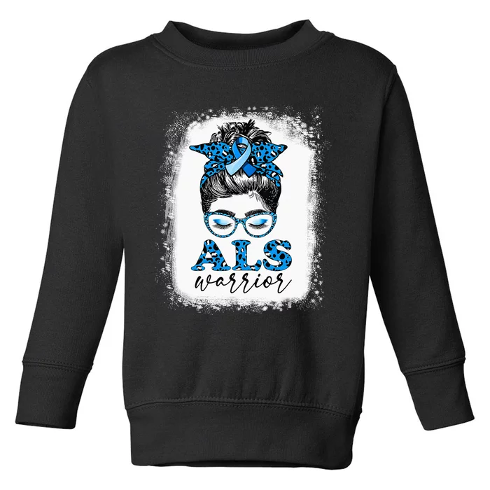 Bleached ALS Warrior Leopard Messy Hair Bun ALS Awareness Toddler Sweatshirt