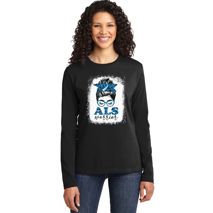 Bleached ALS Warrior Leopard Messy Hair Bun ALS Awareness Ladies Long Sleeve Shirt