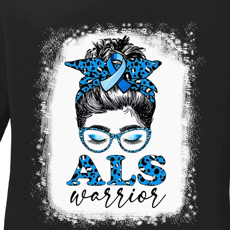 Bleached ALS Warrior Leopard Messy Hair Bun ALS Awareness Ladies Long Sleeve Shirt