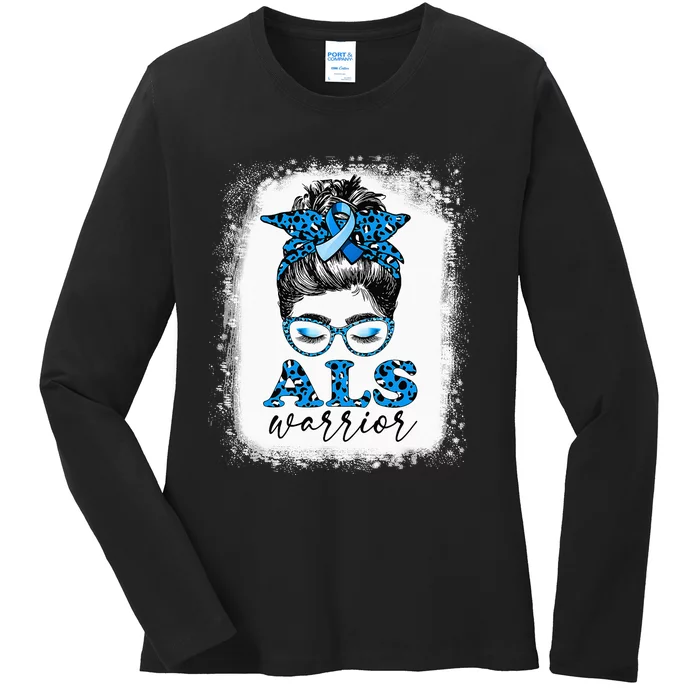 Bleached ALS Warrior Leopard Messy Hair Bun ALS Awareness Ladies Long Sleeve Shirt