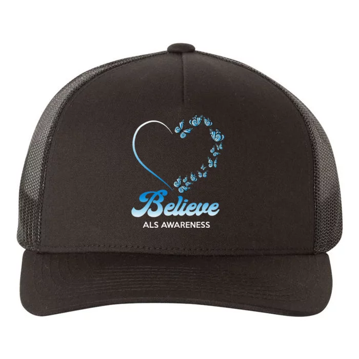 Blue and White Butterflies Heart Believe ALS Awareness Yupoong Adult 5-Panel Trucker Hat