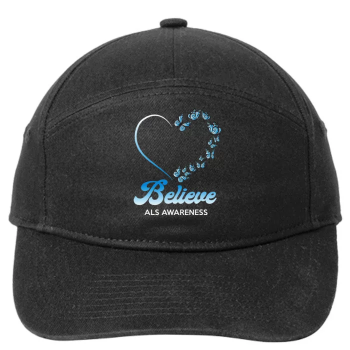 Blue and White Butterflies Heart Believe ALS Awareness 7-Panel Snapback Hat