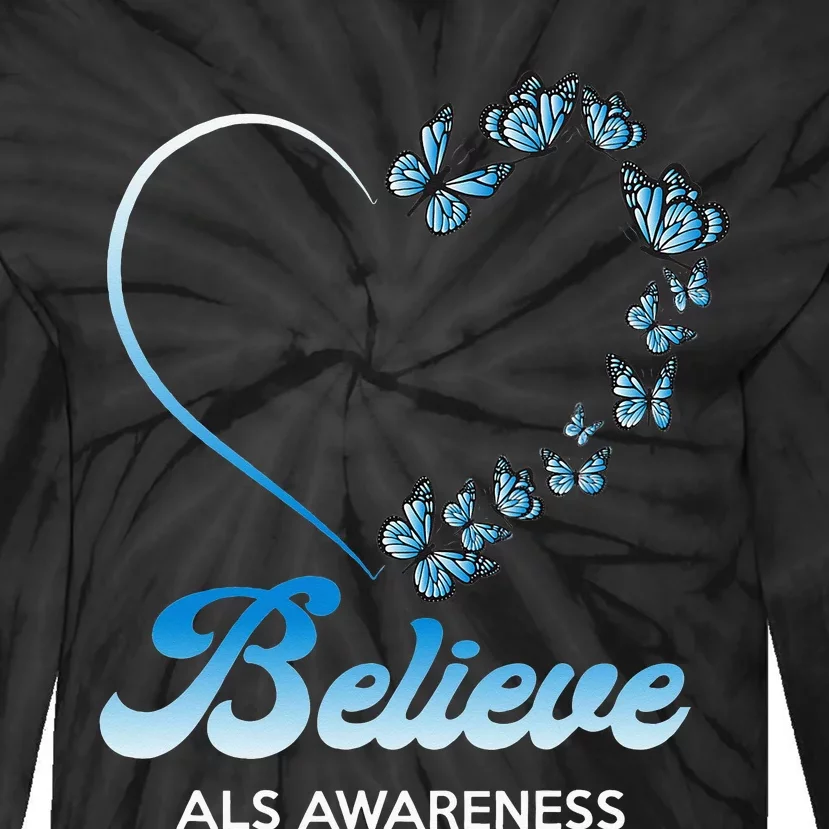 Blue and White Butterflies Heart Believe ALS Awareness Tie-Dye Long Sleeve Shirt