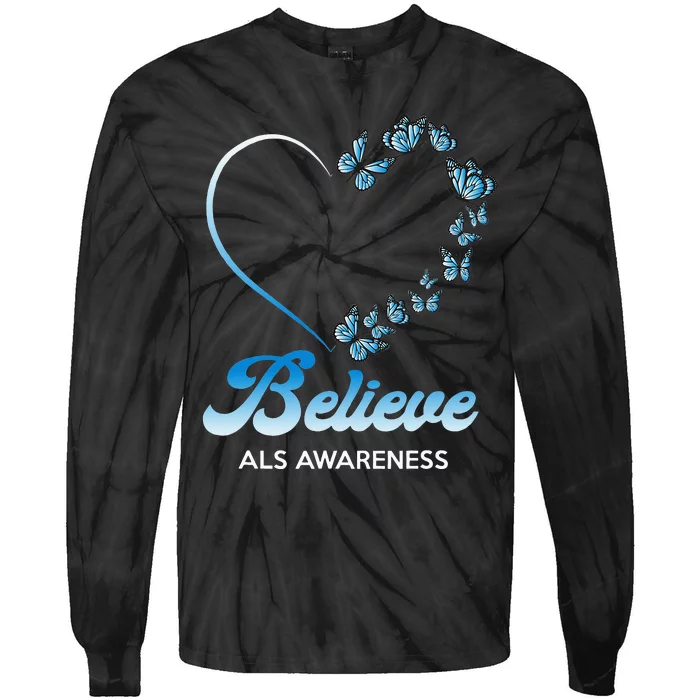 Blue and White Butterflies Heart Believe ALS Awareness Tie-Dye Long Sleeve Shirt