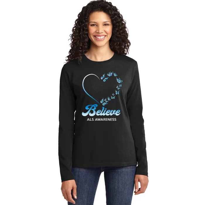 Blue and White Butterflies Heart Believe ALS Awareness Ladies Long Sleeve Shirt