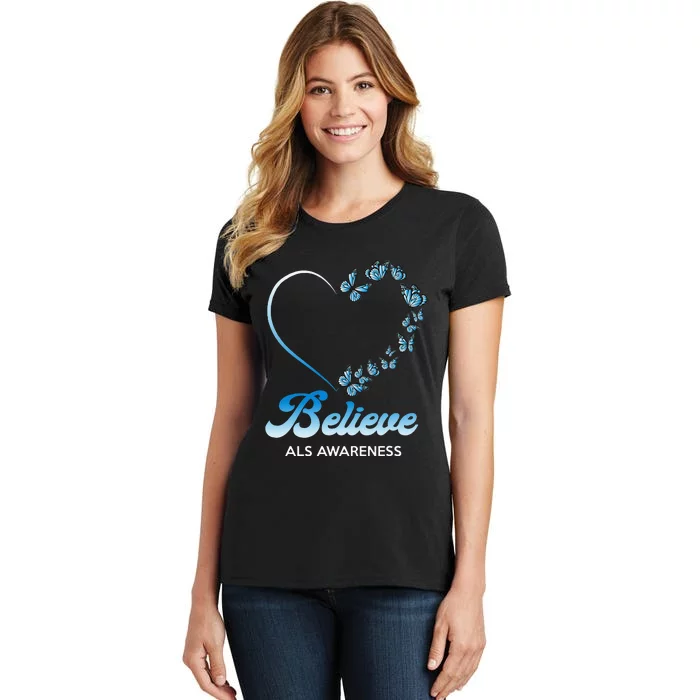 Blue and White Butterflies Heart Believe ALS Awareness Women's T-Shirt