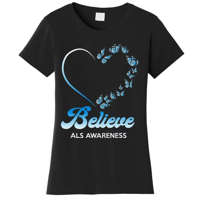 Blue and White Butterflies Heart Believe ALS Awareness Women's T-Shirt