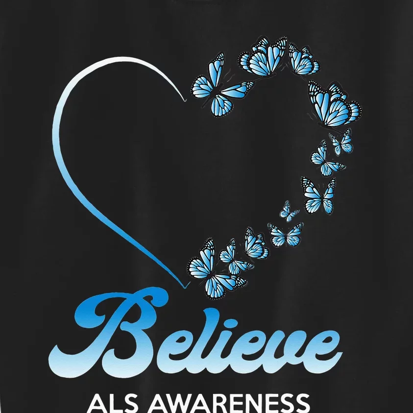 Blue and White Butterflies Heart Believe ALS Awareness Kids Sweatshirt