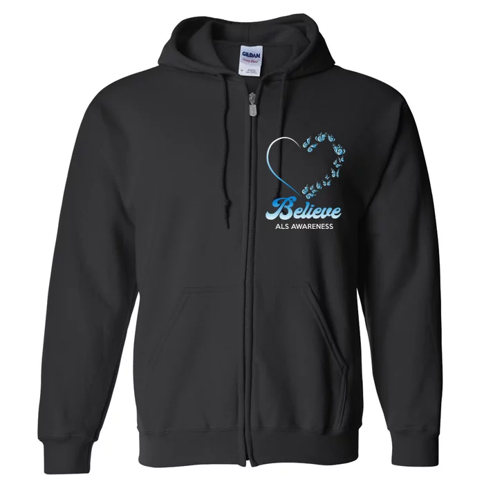 Blue and White Butterflies Heart Believe ALS Awareness Full Zip Hoodie