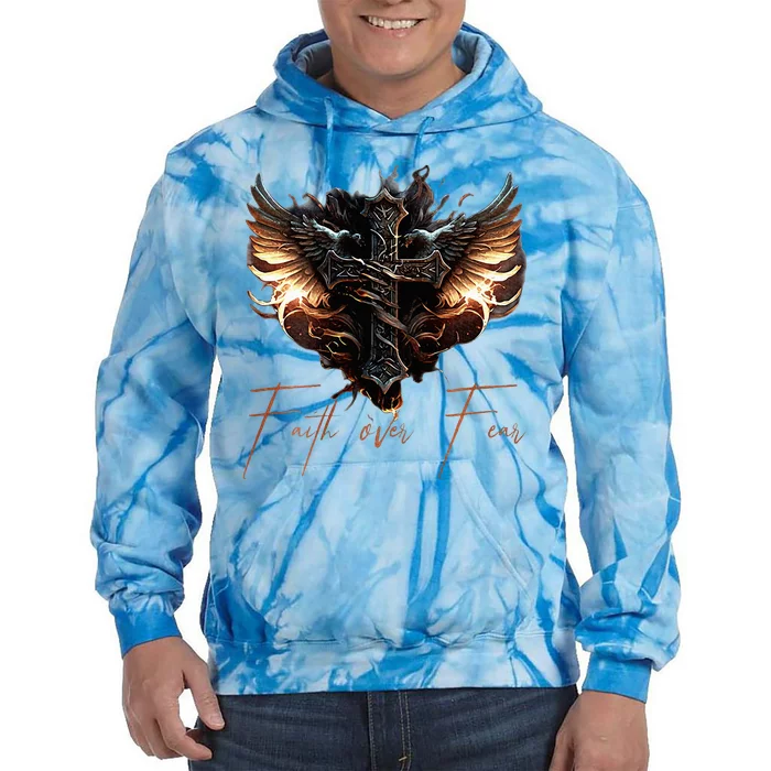 Biker Angel Wings Christian Cross Faith Over Fear Tie Dye Hoodie