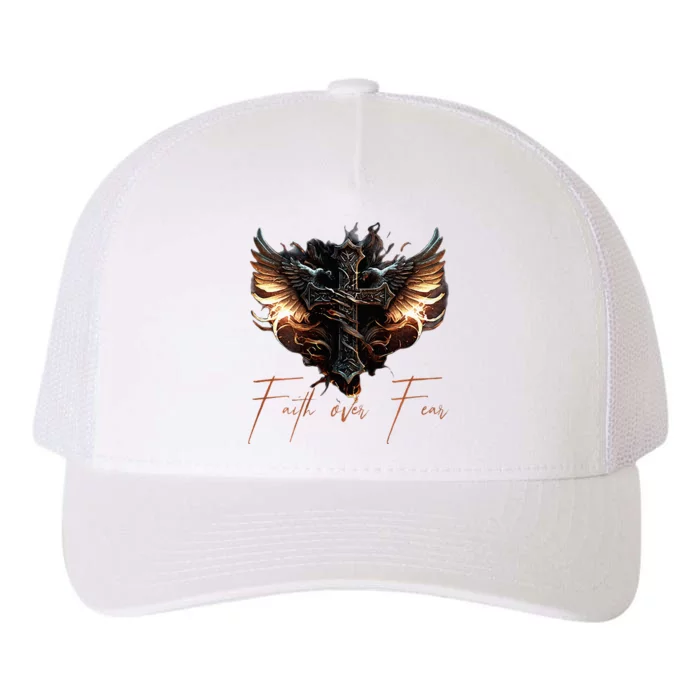 Biker Angel Wings Christian Cross Faith Over Fear Yupoong Adult 5-Panel Trucker Hat