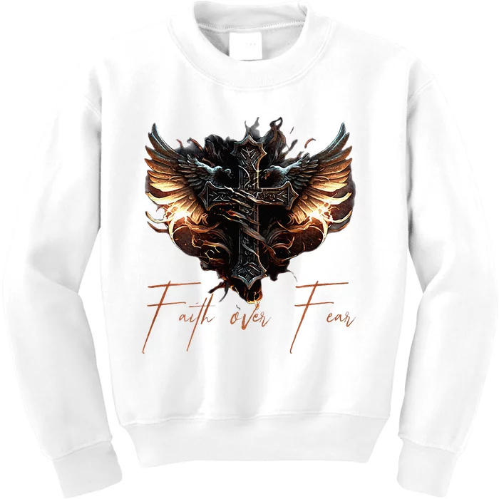 Biker Angel Wings Christian Cross Faith Over Fear Kids Sweatshirt