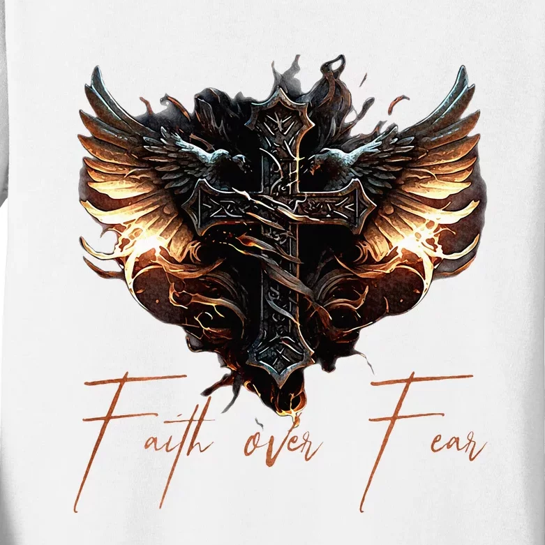 Biker Angel Wings Christian Cross Faith Over Fear Kids Long Sleeve Shirt