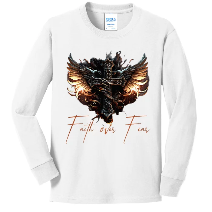 Biker Angel Wings Christian Cross Faith Over Fear Kids Long Sleeve Shirt