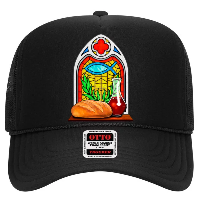 Bread And Wine Christian Stained Glass Catholic High Crown Mesh Trucker Hat