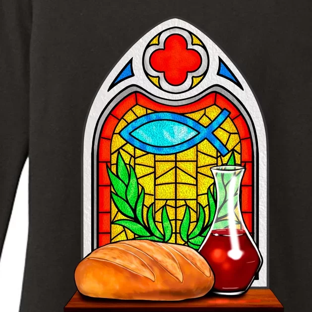 Bread And Wine Christian Stained Glass Catholic Womens CVC Long Sleeve Shirt