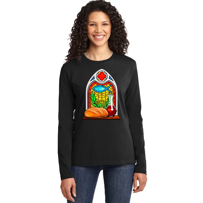 Bread And Wine Christian Stained Glass Catholic Ladies Long Sleeve Shirt