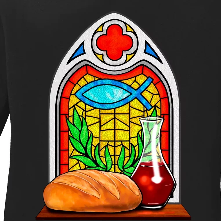 Bread And Wine Christian Stained Glass Catholic Ladies Long Sleeve Shirt