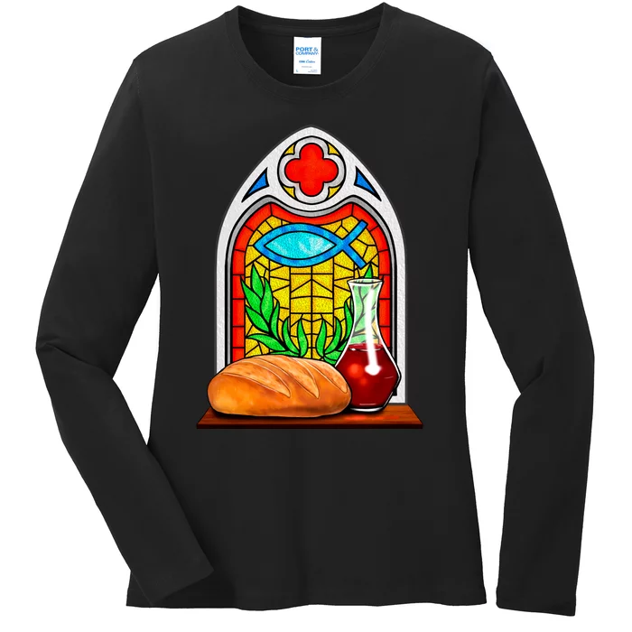 Bread And Wine Christian Stained Glass Catholic Ladies Long Sleeve Shirt