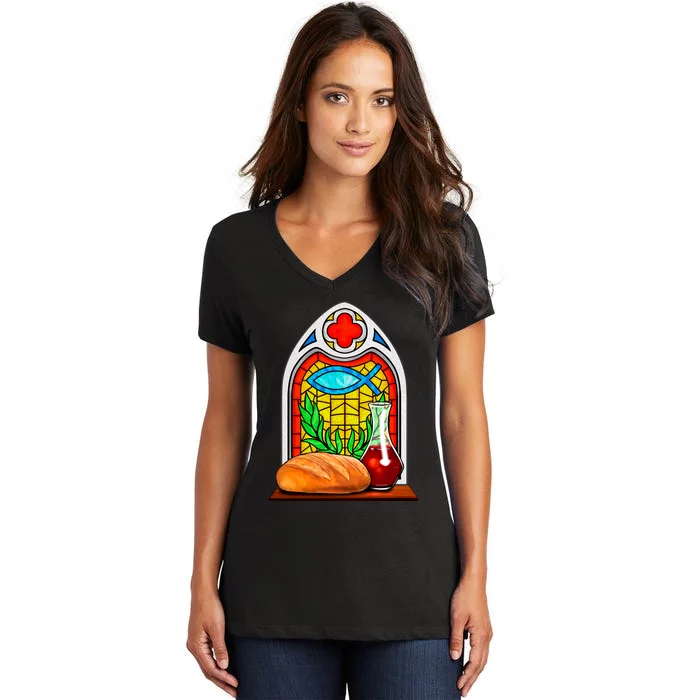 Bread And Wine Christian Stained Glass Catholic Women's V-Neck T-Shirt