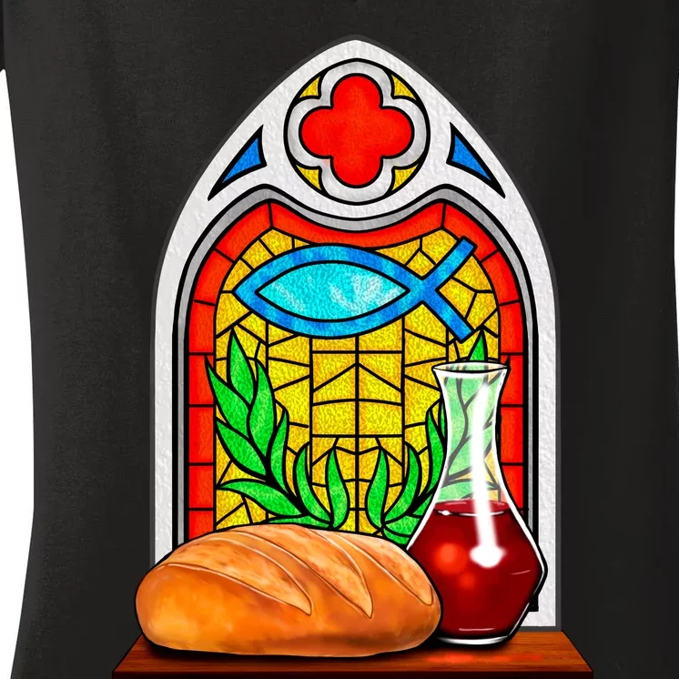 Bread And Wine Christian Stained Glass Catholic Women's V-Neck T-Shirt