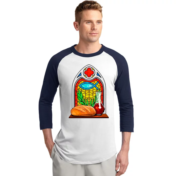 Bread And Wine Christian Stained Glass Catholic Baseball Sleeve Shirt