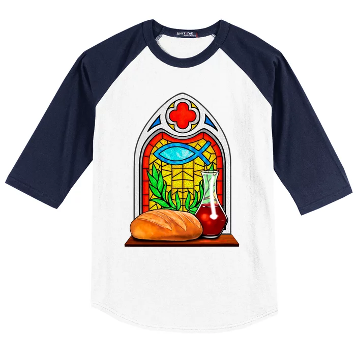 Bread And Wine Christian Stained Glass Catholic Baseball Sleeve Shirt