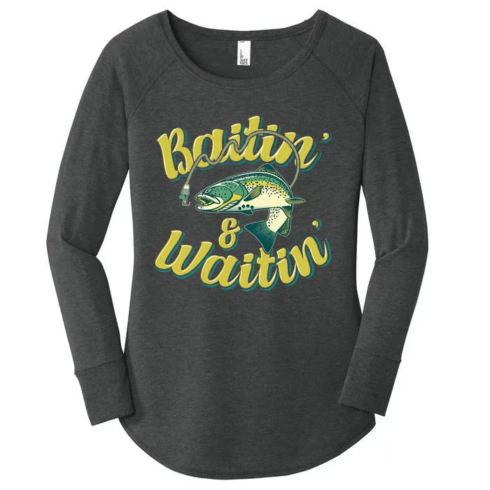 Baitin and Waitin Trout Fishing Lakes Hunting Fisherman Women's Perfect Tri Tunic Long Sleeve Shirt