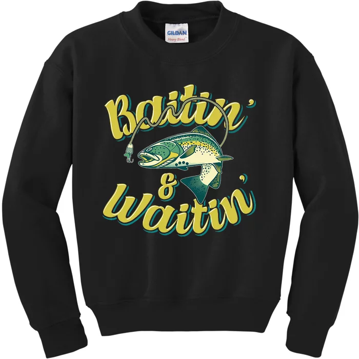 Baitin and Waitin Trout Fishing Lakes Hunting Fisherman Kids Sweatshirt